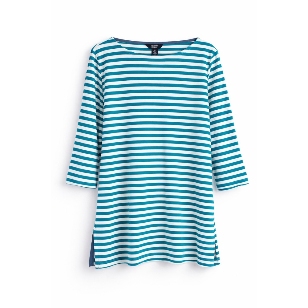 Lands End‎ XL Teal White Stripe Pima Cotton 3/4 Sleeve Tunic Top